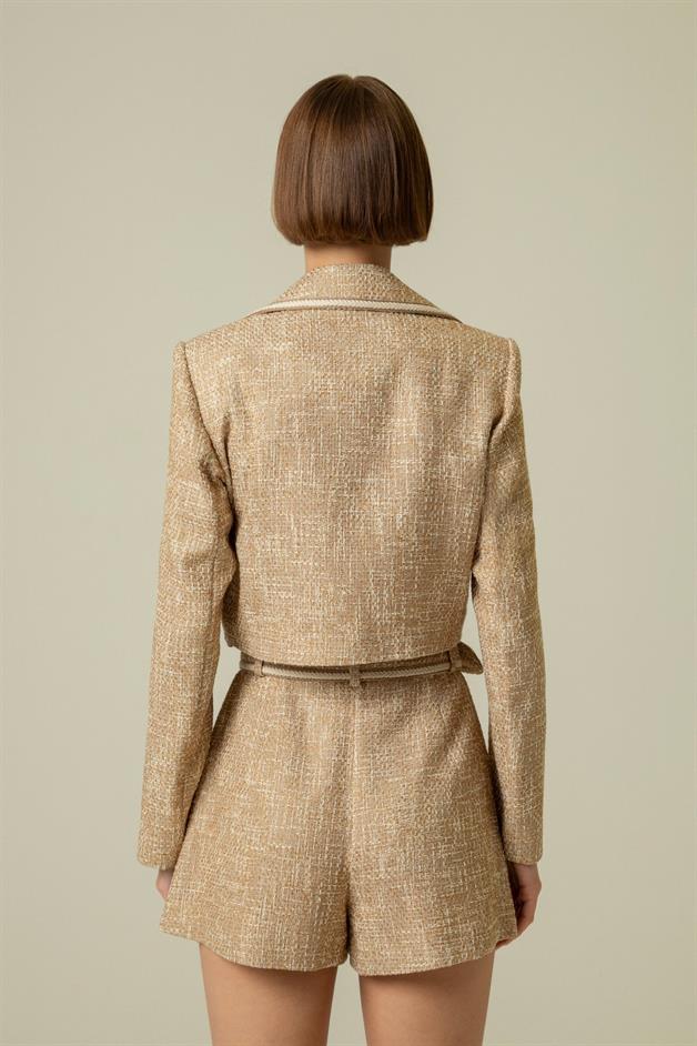 Gold Button Detail Camel Crop Jacket