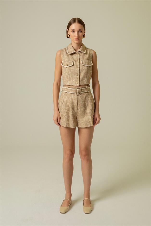 Gold Button Detail Camel Crop Vest
