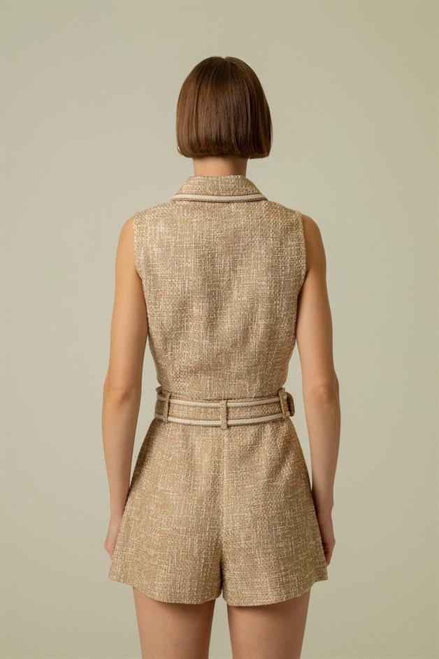 Gold Button Detail Camel Crop Vest