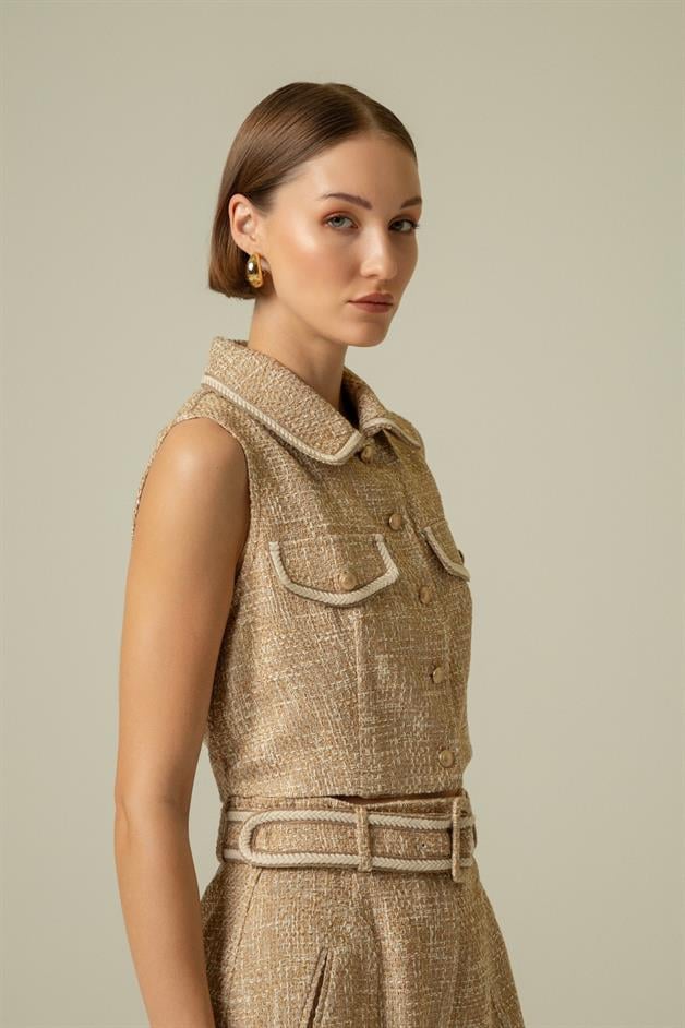 Gold Button Detail Camel Crop Vest
