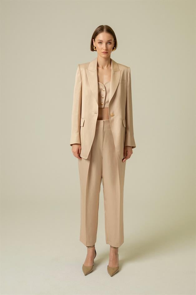 Gold Button Detail Pocketed Beige Long Jacket