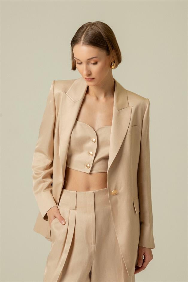 Gold Button Detail Pocketed Beige Long Jacket