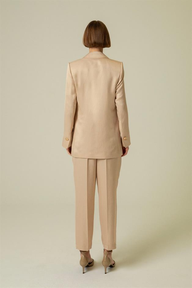 Gold Button Detail Pocketed Beige Long Jacket