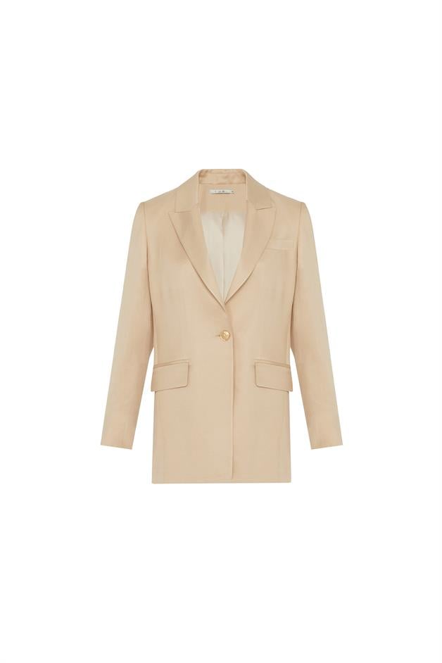Gold Button Detail Pocketed Beige Long Jacket