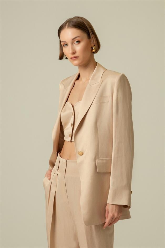 Gold Button Detail Pocketed Beige Long Jacket