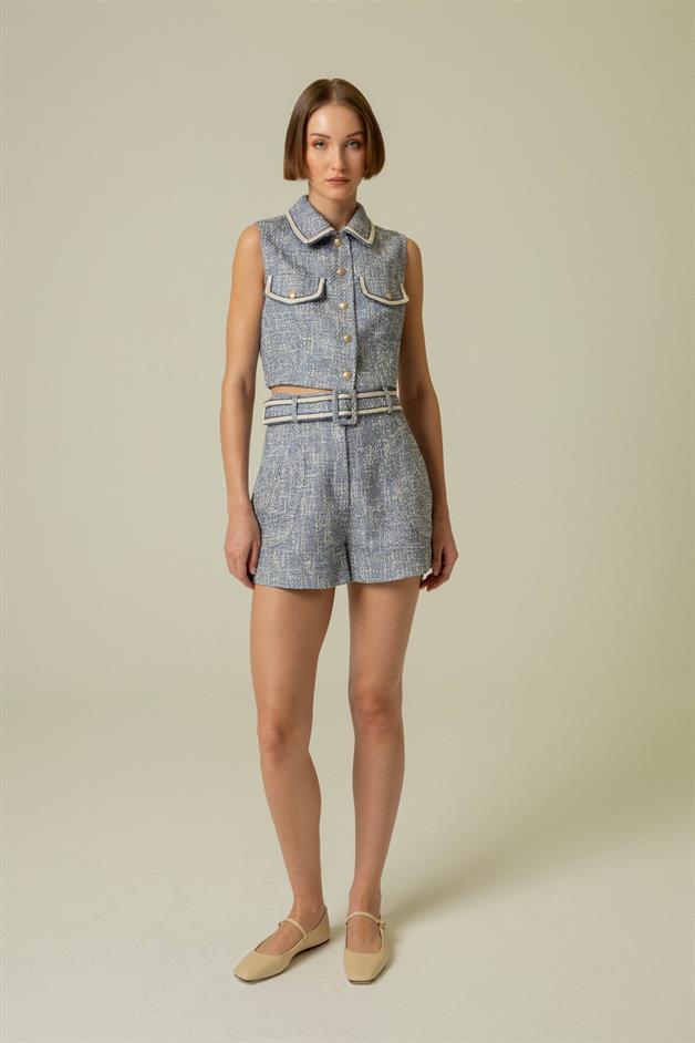 Gold Button Detail Indigo Crop Vest