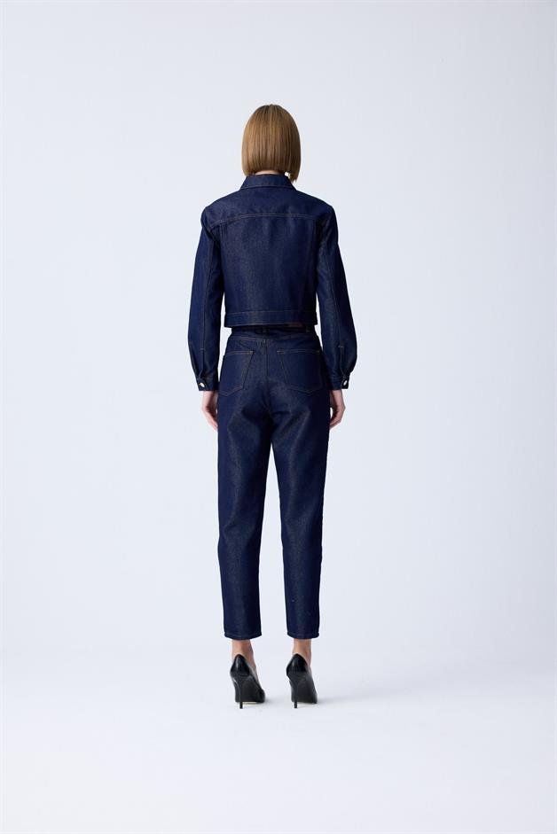 Gold Düğme Detaylı Lacivert Denim Pantolon