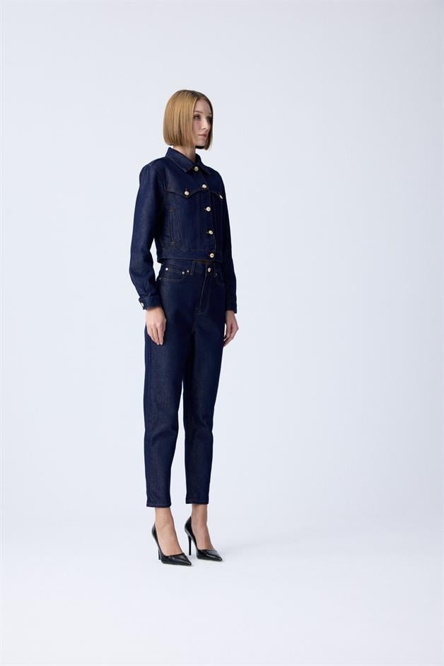 Gold Düğme Detaylı Lacivert Denim Pantolon