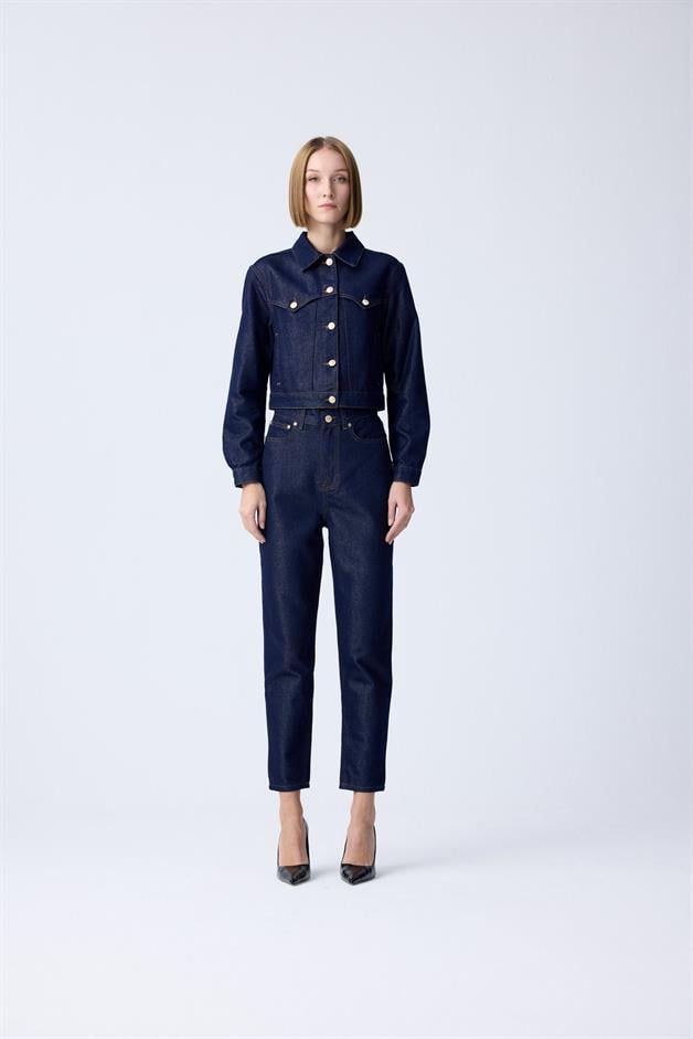 Gold Düğme Detaylı Lacivert Denim Pantolon