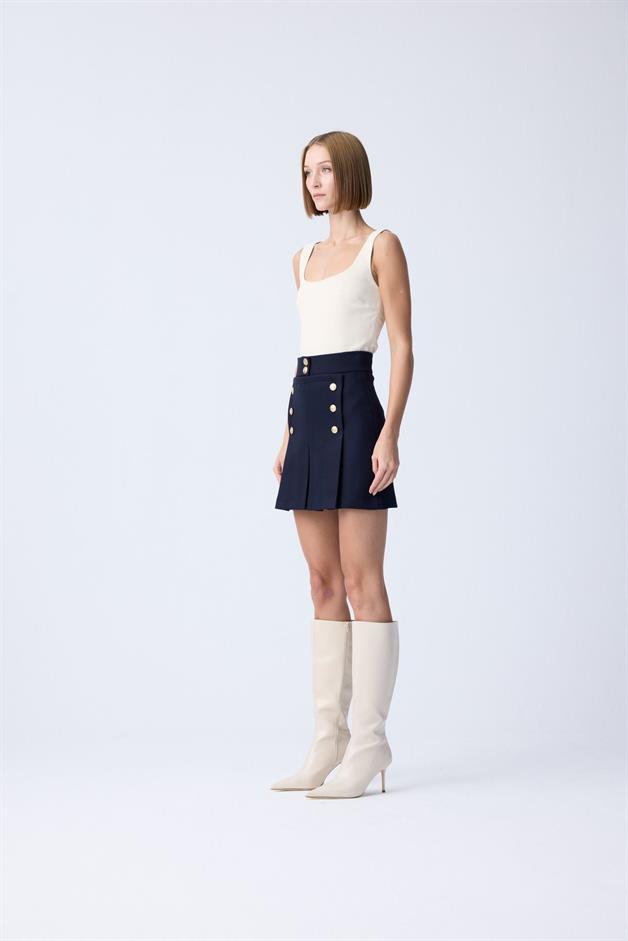 Gold Button Detail Pleated Navy Mini Skirt