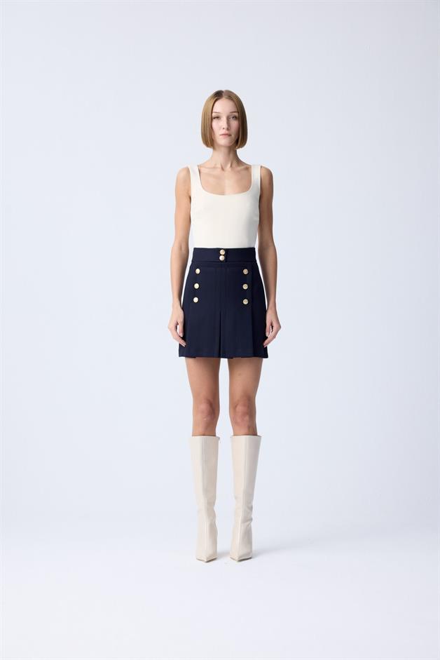 Gold Button Detail Pleated Navy Mini Skirt