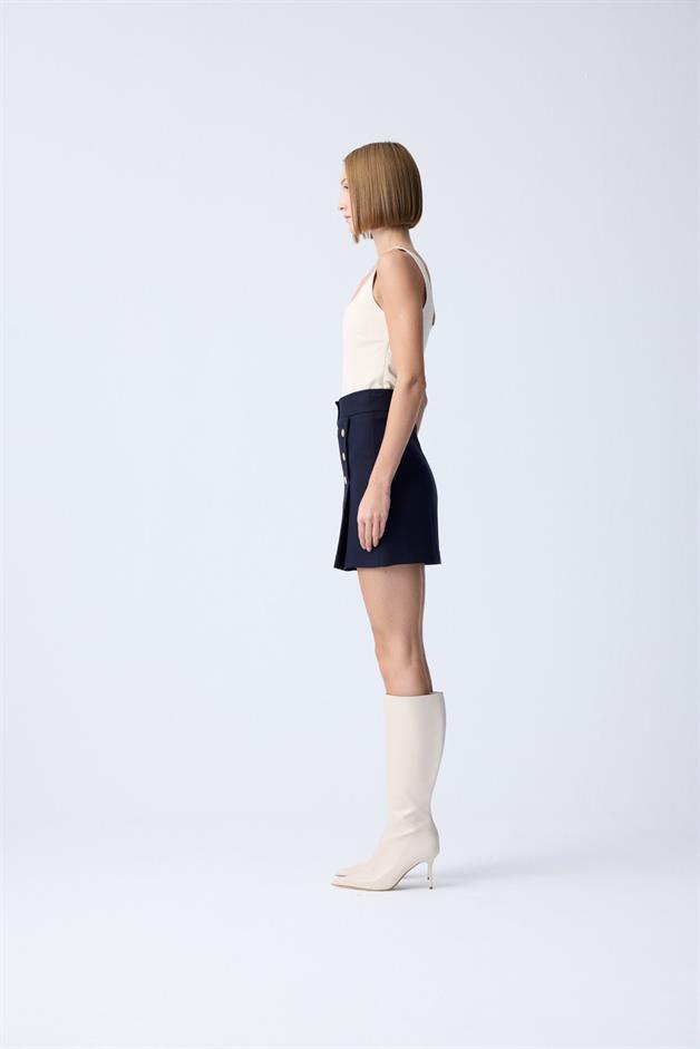Gold Button Detail Pleated Navy Mini Skirt