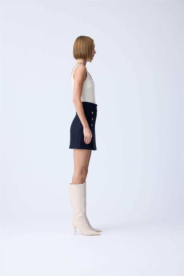 Gold Button Detail Pleated Navy Mini Skirt