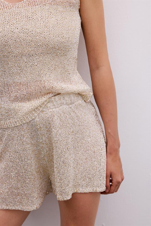 Gold Sequin Lined Mini Ecru Shorts
