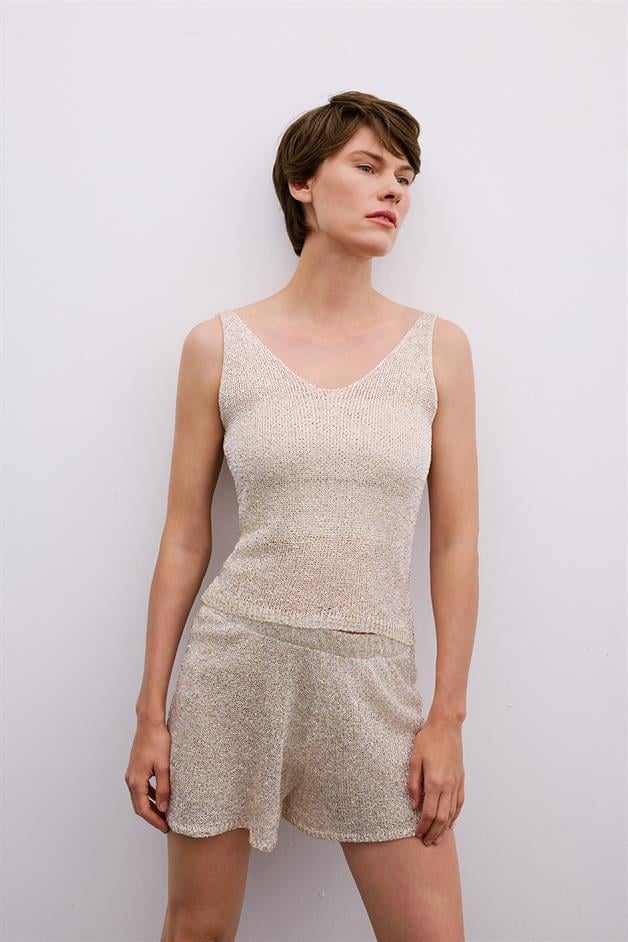 Gold Sequin V-Neck Relaxed Ecru Crop Blouse