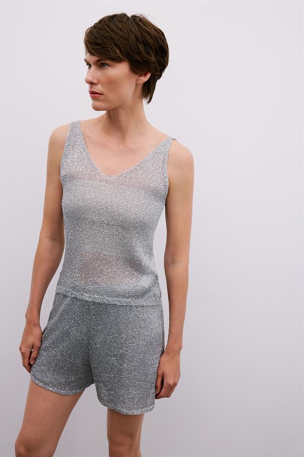 Silver Sequin V-Neck Relaxed Grey Crop Blouse
