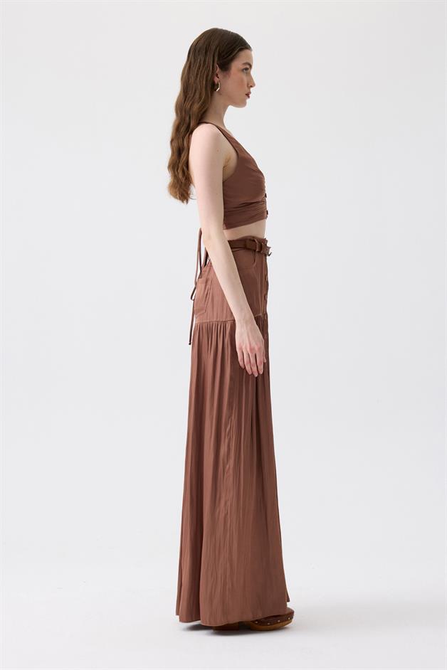 Thin Strap Ruched Brown Mini Blouse