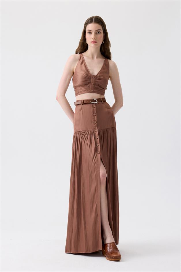 Thin Strap Ruched Brown Mini Blouse