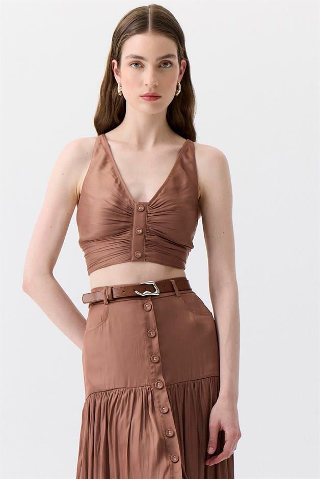 Thin Strap Ruched Brown Mini Blouse
