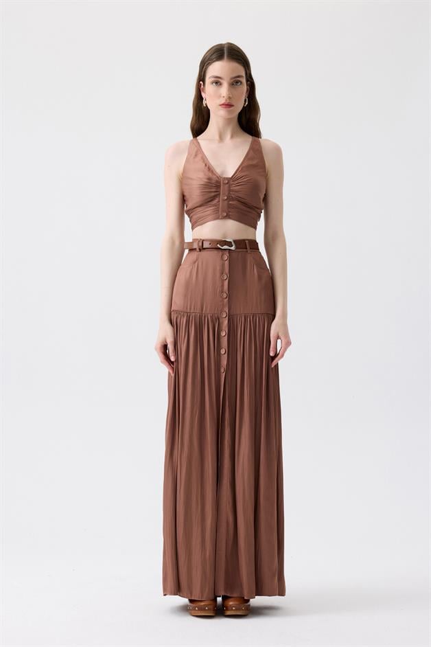 Thin Strap Ruched Brown Mini Blouse