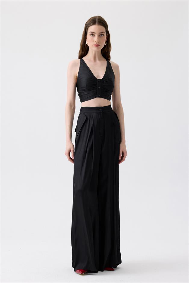 Thin Strap Ruched Black Mini Blouse