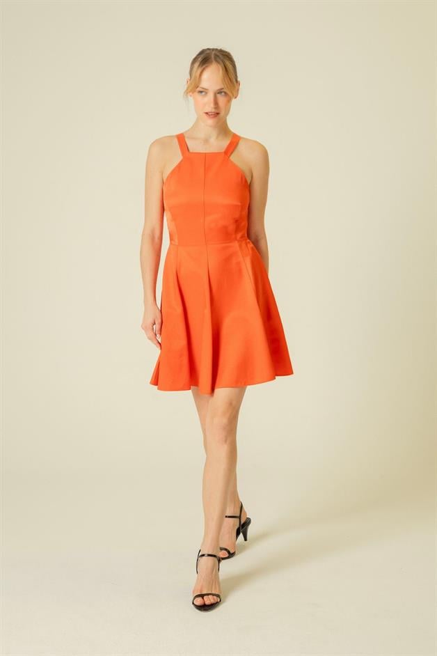 İnce Askılı Cepli Mercan Kısa Elbise