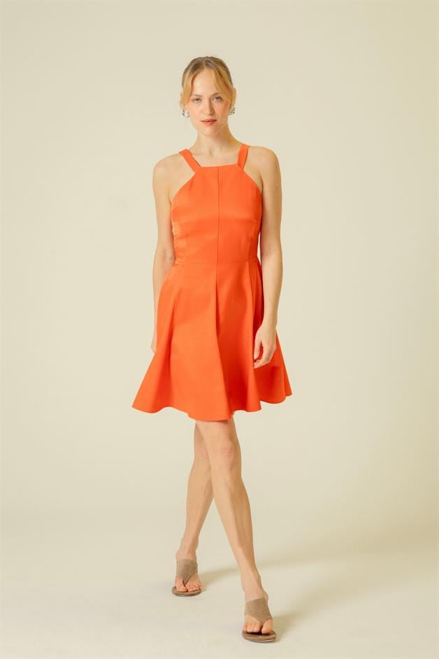 İnce Askılı Cepli Mercan Kısa Elbise