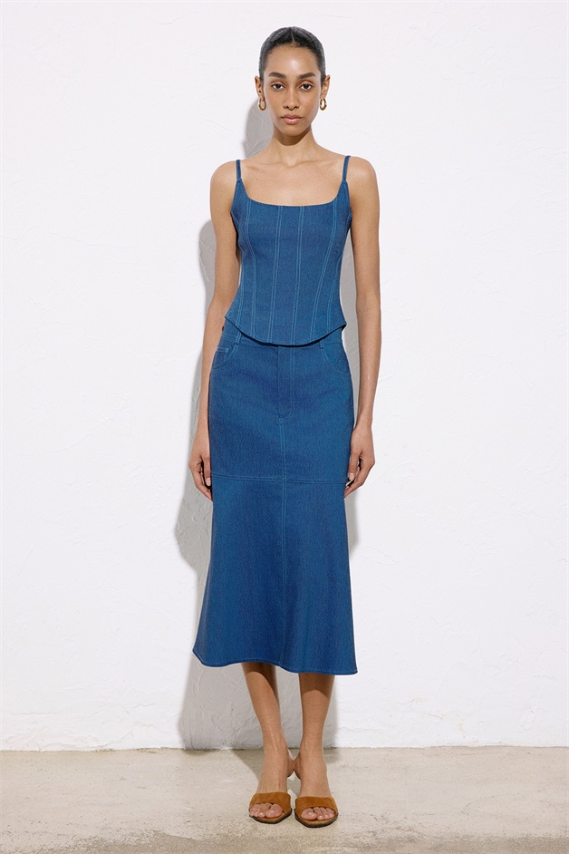 Thin Strap Denim Textured Blue Blouse