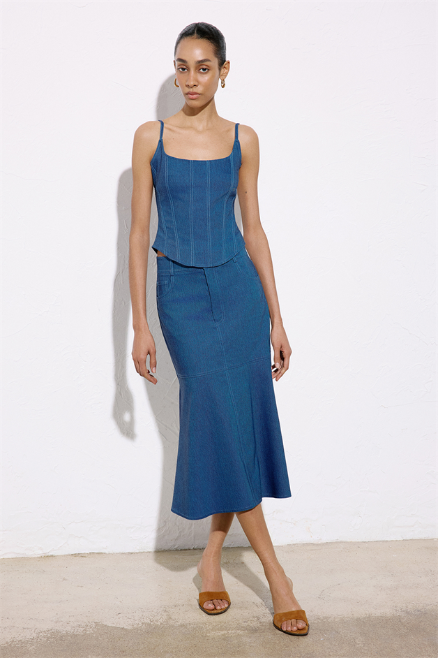 Thin Strap Denim Textured Blue Blouse