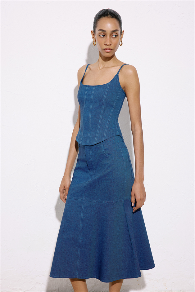 Thin Strap Denim Textured Blue Blouse