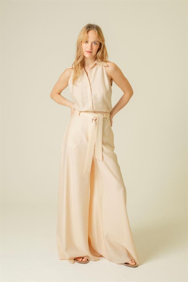 İnce Askılı Rahat Form Bej Crop Top