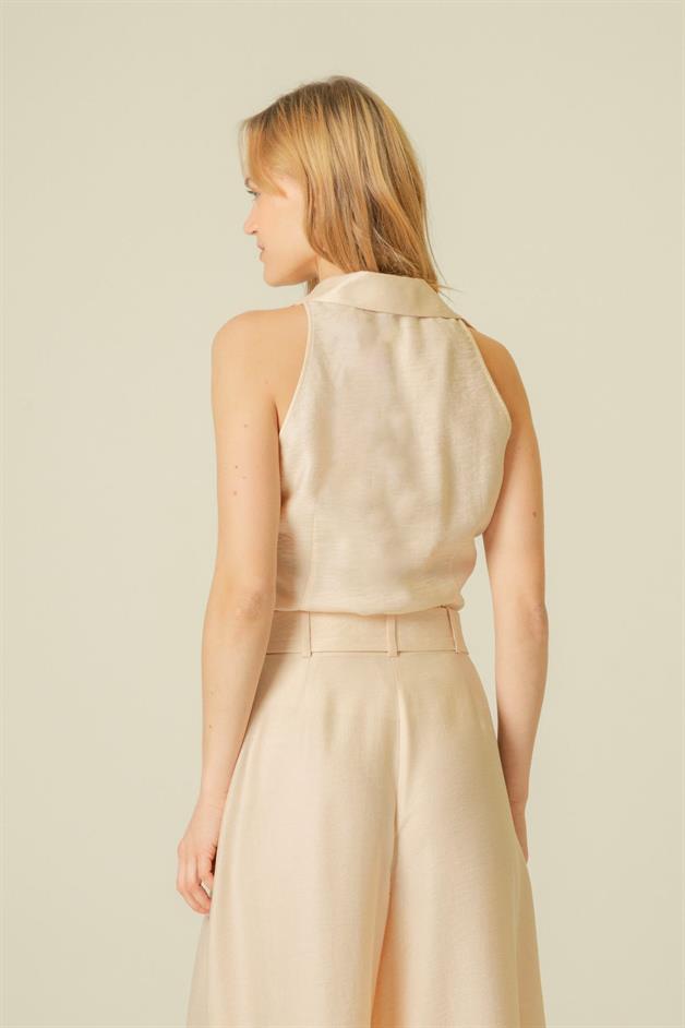 İnce Askılı Rahat Form Bej Crop Top