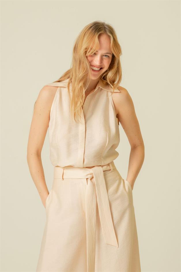 İnce Askılı Rahat Form Bej Crop Top