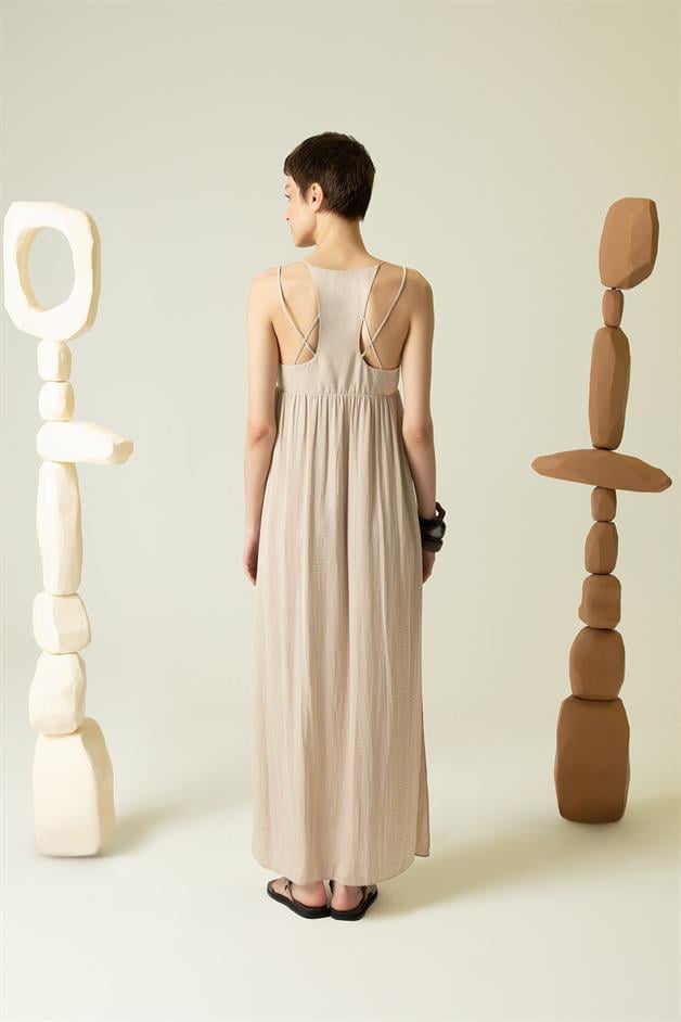 Thin Strap Relaxed Fit Beige Long Dress