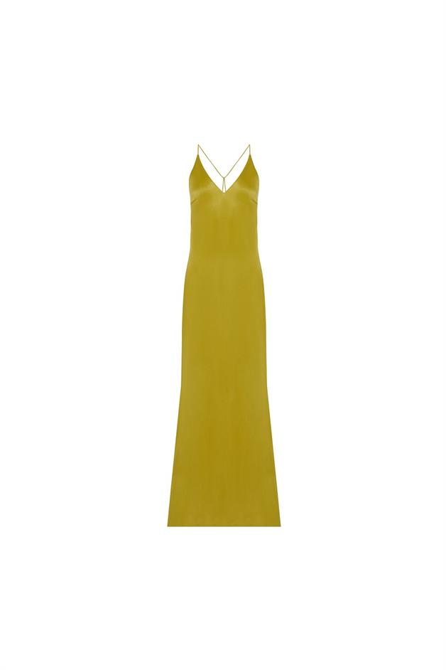 Thin Strapped V-Neck Green Long Dress