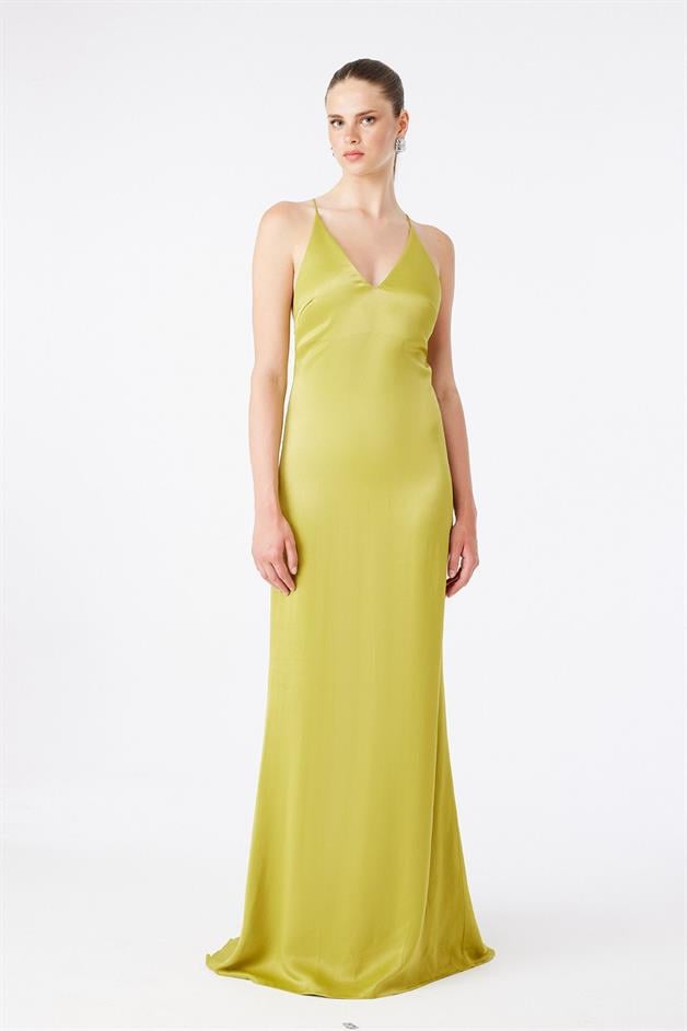 Thin Strapped V-Neck Green Long Dress