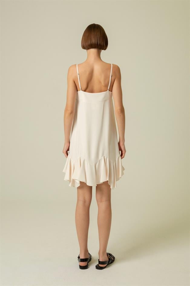 İnce Askılı Volanlı Ekru Mini Elbise