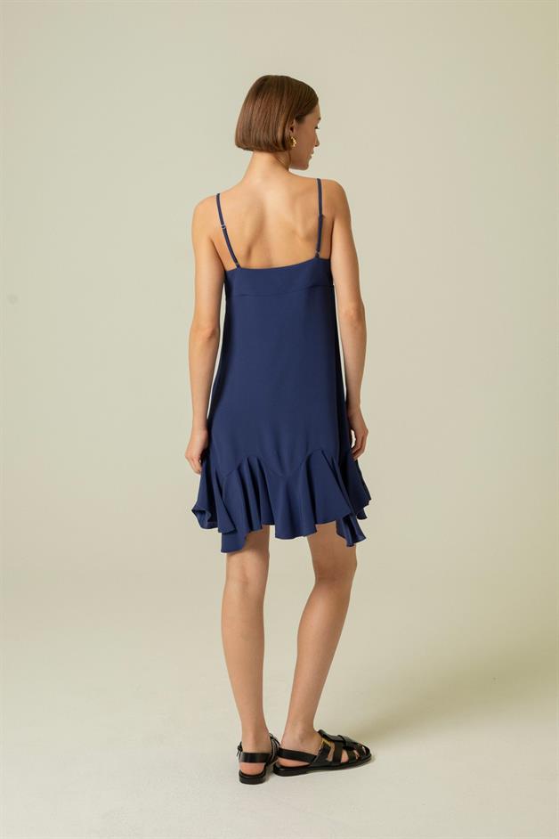 İnce Askılı Volanlı Lacivert Mini Elbise