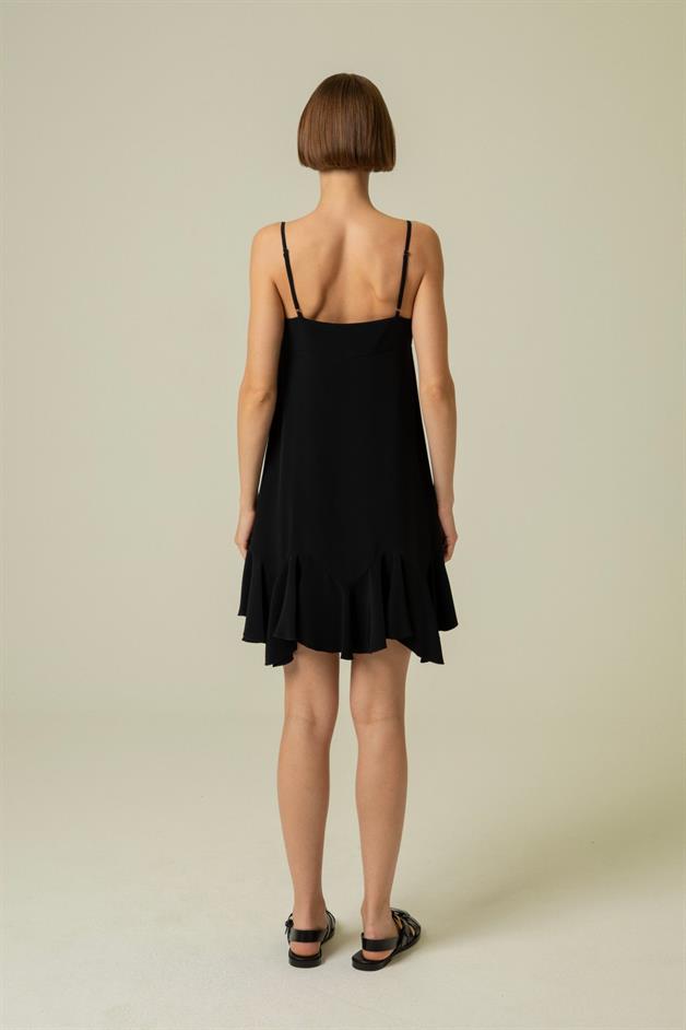 İnce Askılı Volanlı Siyah Mini Elbise