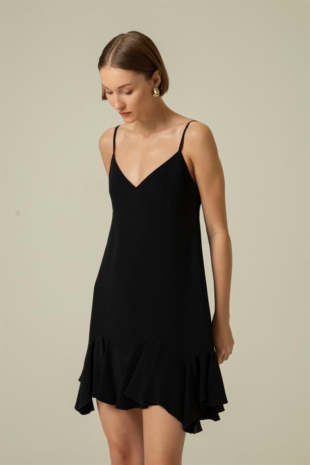 İnce Askılı Volanlı Siyah Mini Elbise