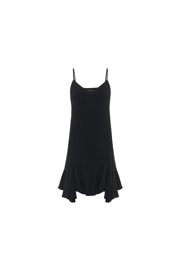 İnce Askılı Volanlı Siyah Mini Elbise