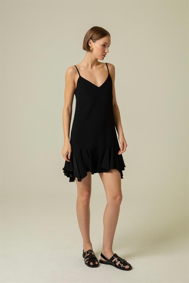 İnce Askılı Volanlı Siyah Mini Elbise