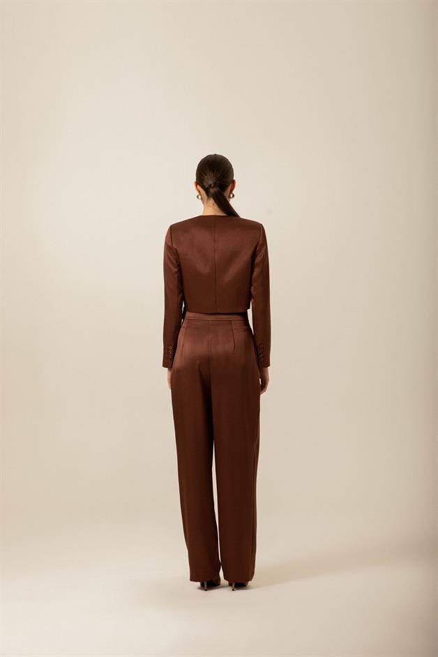 Kahverengi Saten Crop Ceket