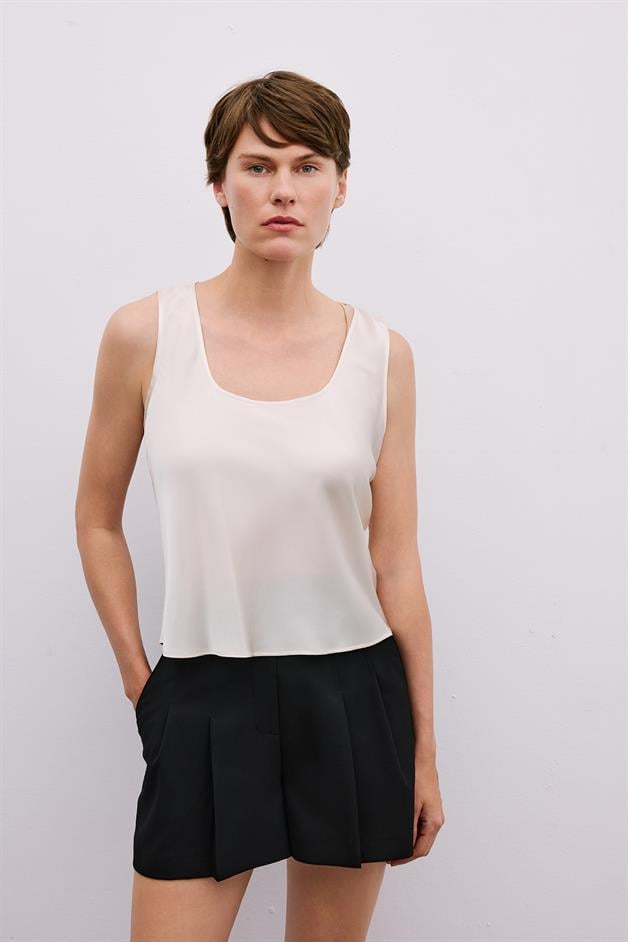 Thick Strap Square Neck Ecru Blouse