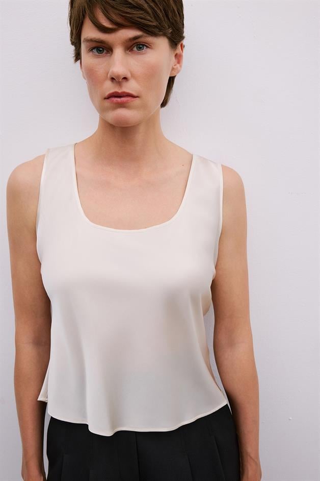 Thick Strap Square Neck Ecru Blouse