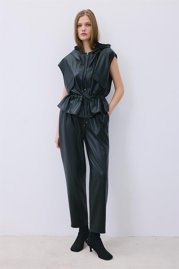 Black Adjustable Faux Leather Hooded Vest