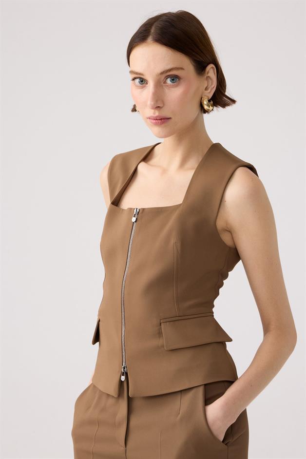 Square Neck Zippered Mink Vest