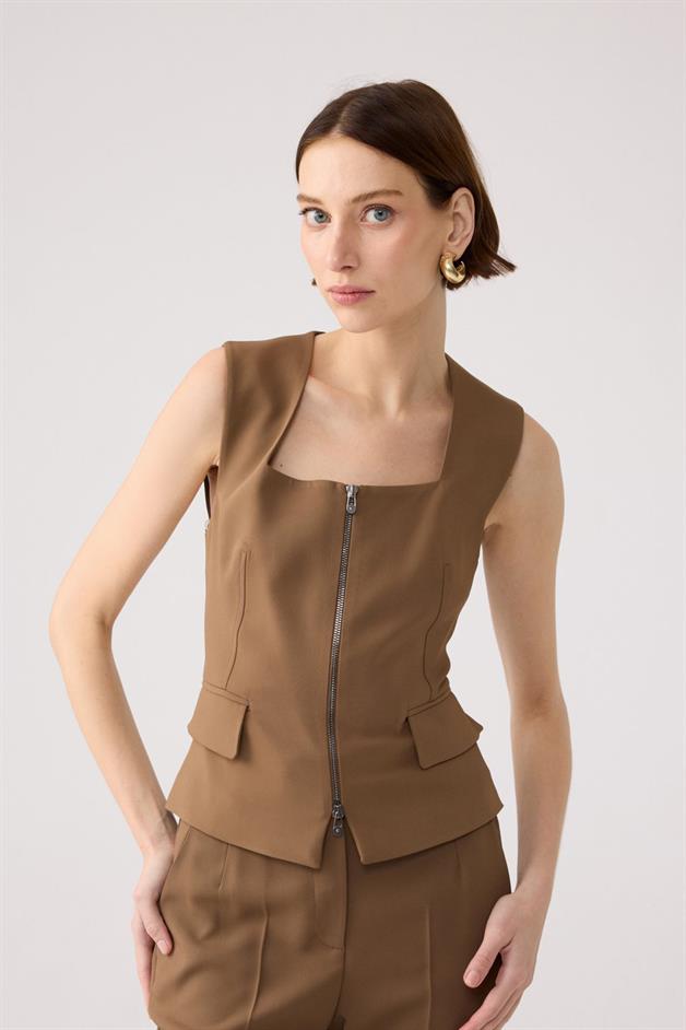 Square Neck Zippered Mink Vest
