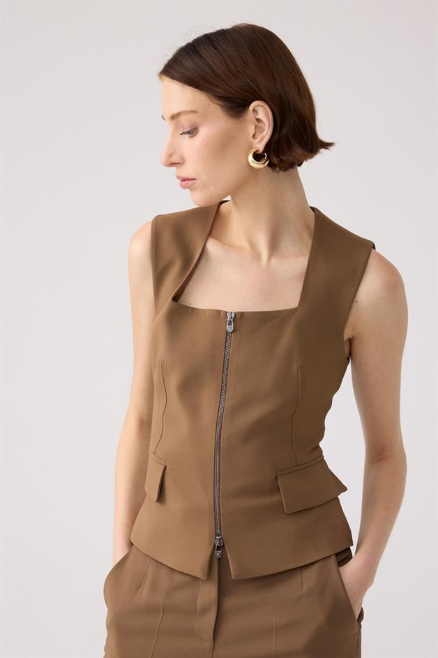 Square Neck Zippered Mink Vest