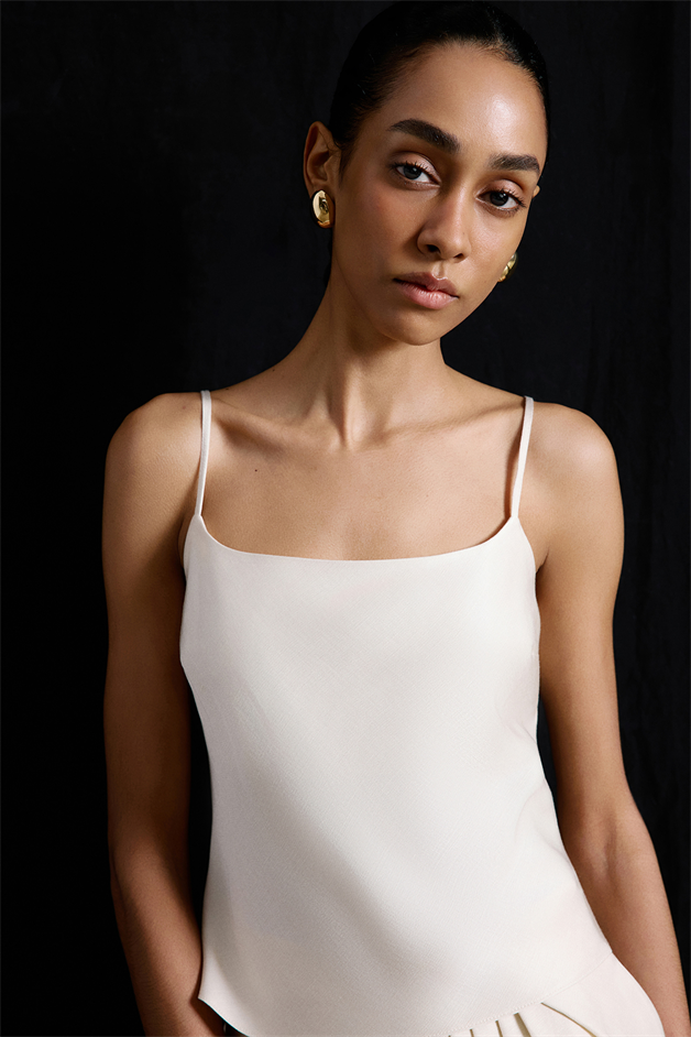 Square Neck Thin Strap Ecru Blouse
